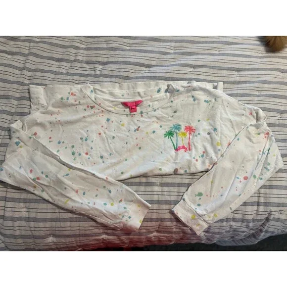 Lilly Pulitzer Sheridan Palm Tree Paint Splatter Crewneck Sweatshirt Top Size XL - Picture 7 of 12